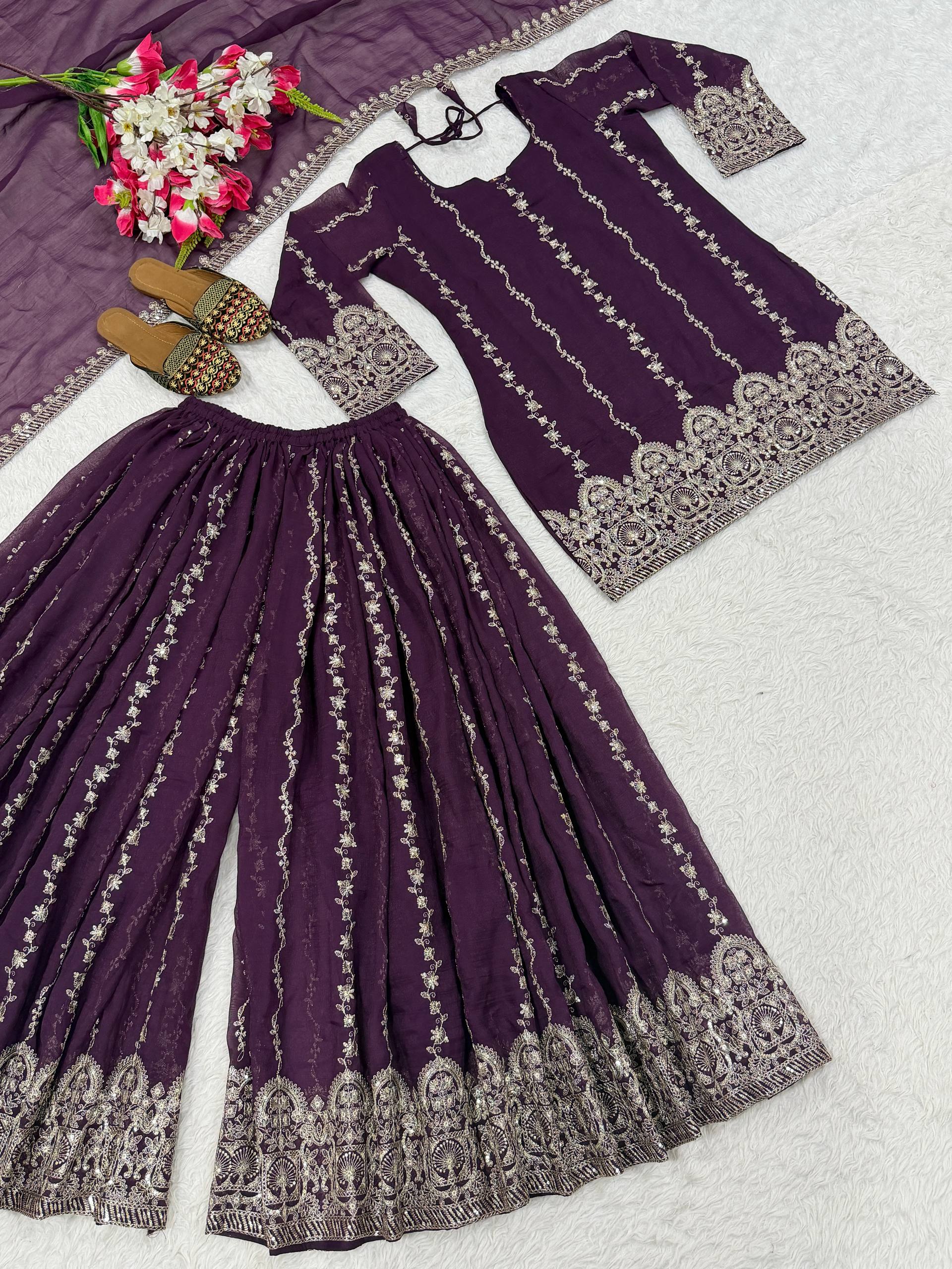 Exquisite Deep Wine Sharara Suit Set Embellished with Intricate Silver Zari Embroidery, Vertical Floral Motifs, and an Ornate Heritage Border